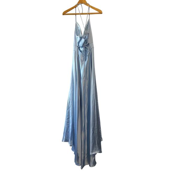 Mac Duggal Powder Blue Satin High Slit Gown Size 8 Evening Dress - Picture 4 of 15